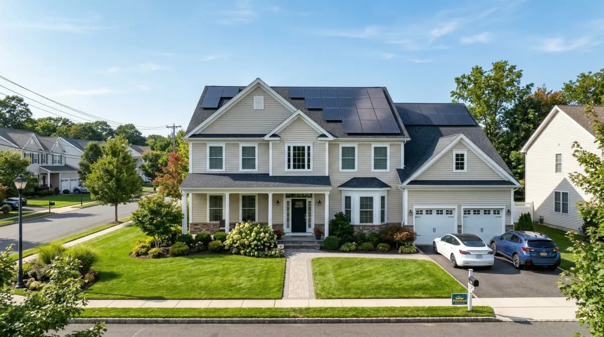 New Jersey suburban home with solar panels installed on the roof