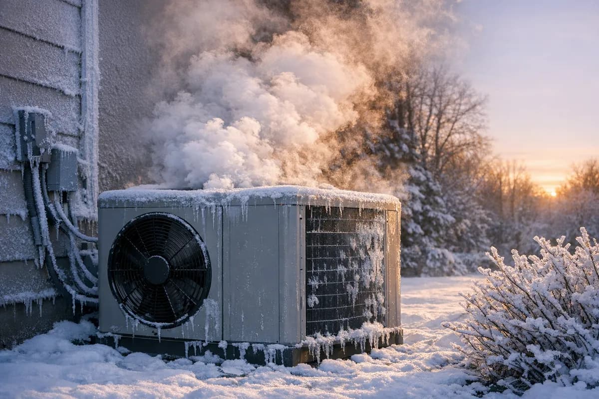Heat pump outdoor unit with steam rising during winter defrost cycle in Connecticut