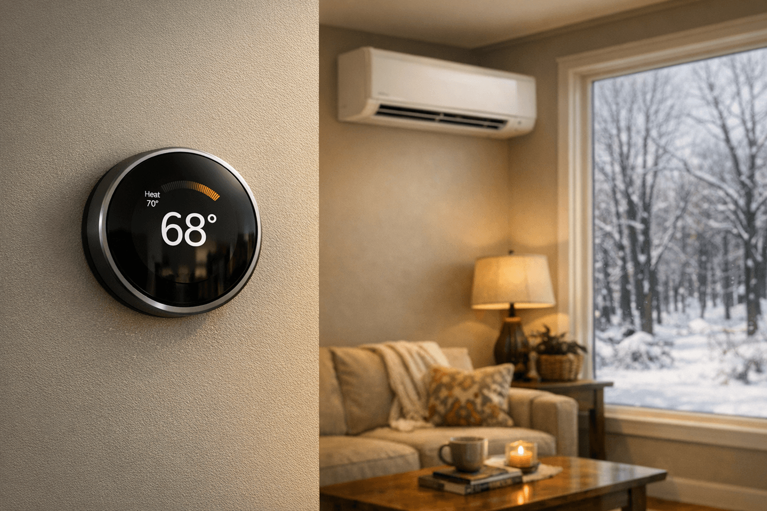 Smart thermostat showing 68F in a Connecticut home with a heat pump mini-split