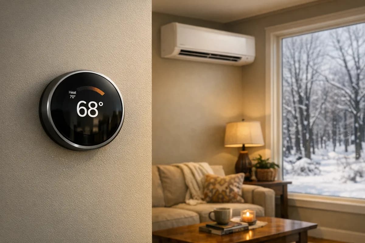 Smart thermostat showing 68F in a Connecticut home with a heat pump mini-split