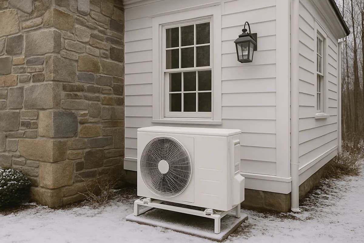 Heat pump outdoor unit beside a Connecticut colonial home in winter