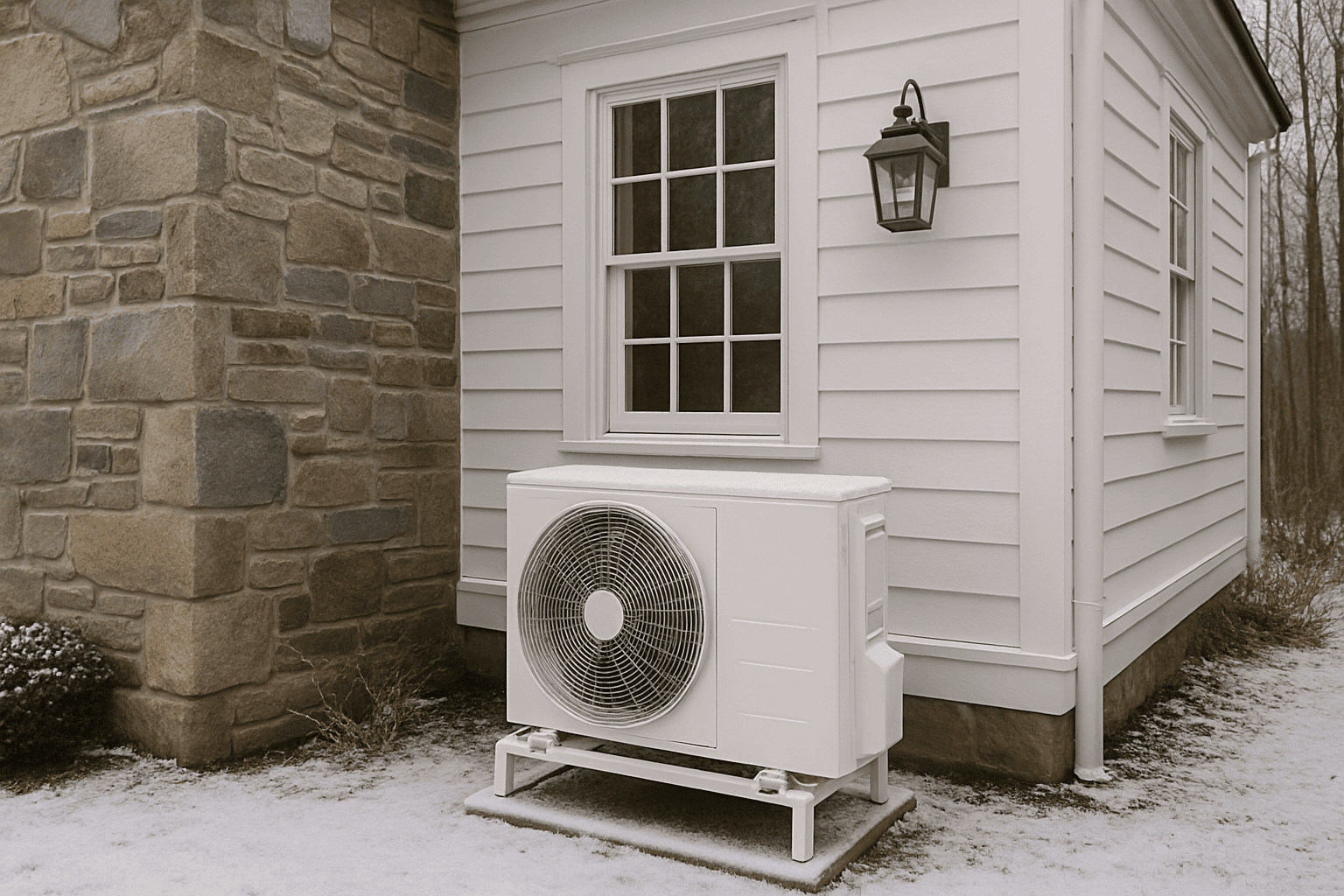 Heat pump outdoor unit beside a Connecticut colonial home in winter