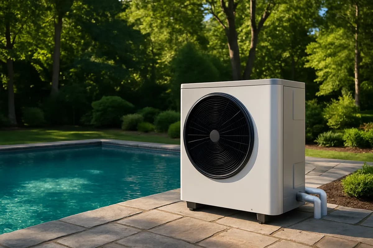 Heat pump pool heater installed next to a Connecticut residential swimming pool