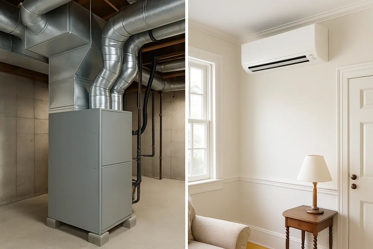 Side by side comparison of ducted heat pump and wall-mounted ductless mini-split in Connecticut homes