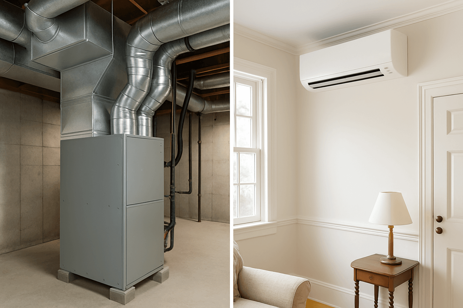 Side by side comparison of ducted heat pump and wall-mounted ductless mini-split in Connecticut homes