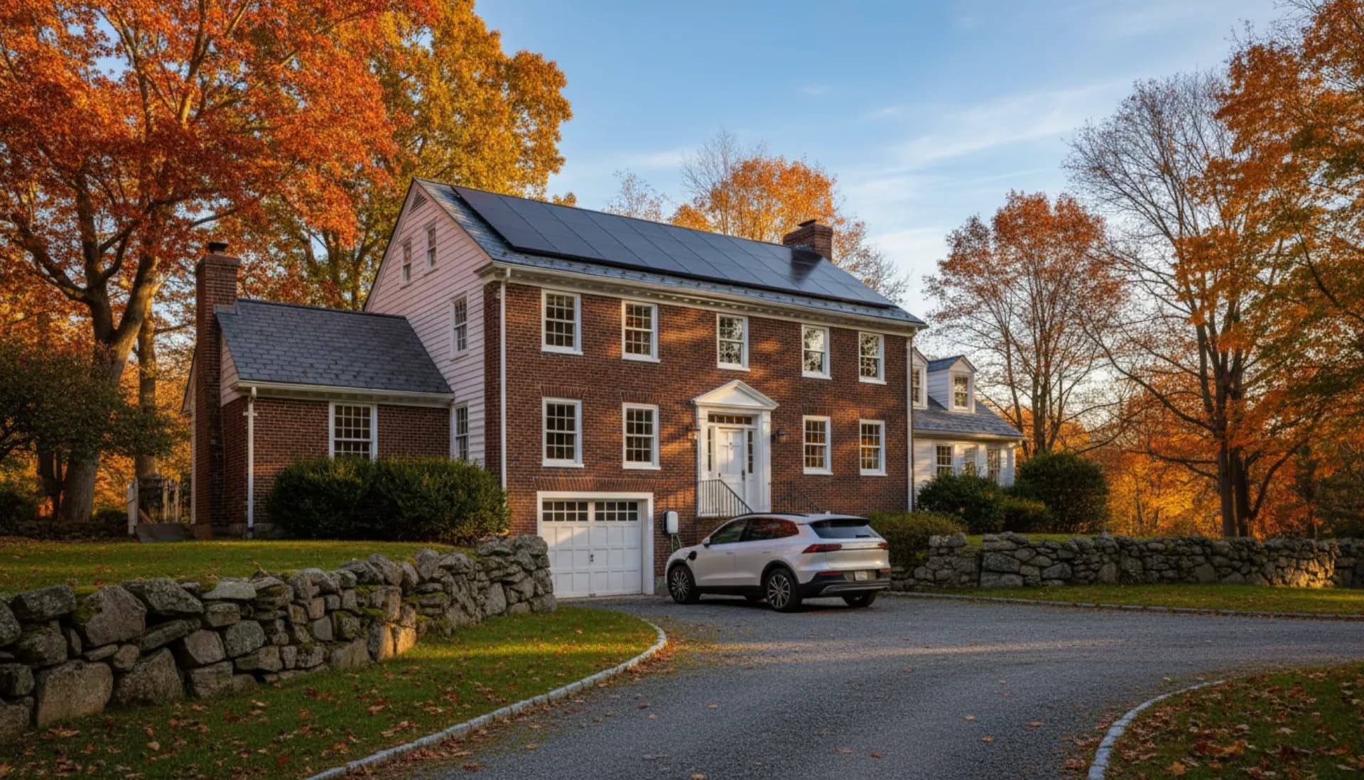 Connecticut home with solar panels and electric vehicle plugged into Level 2 charger