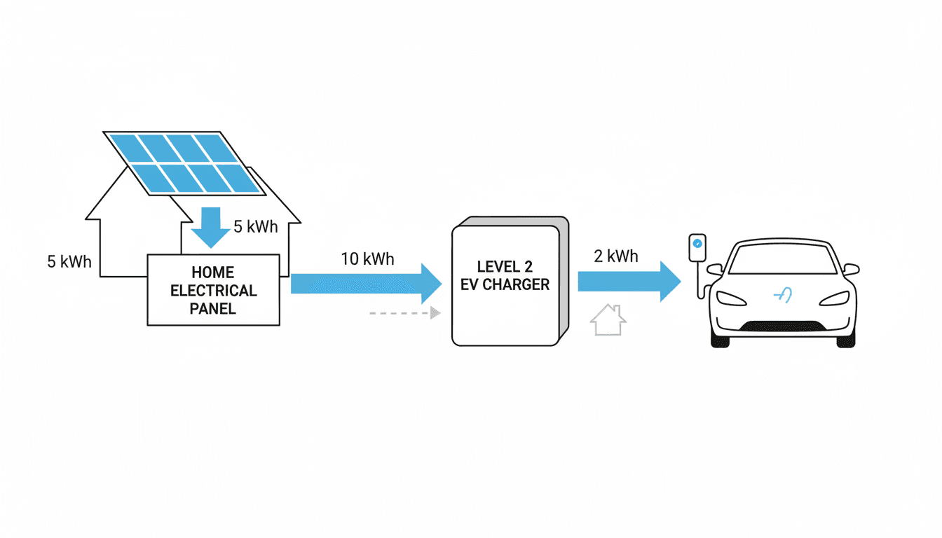 Solar to EV charger energy flow diagram showing panels, inverter, home, and EV charger with kWh labels
