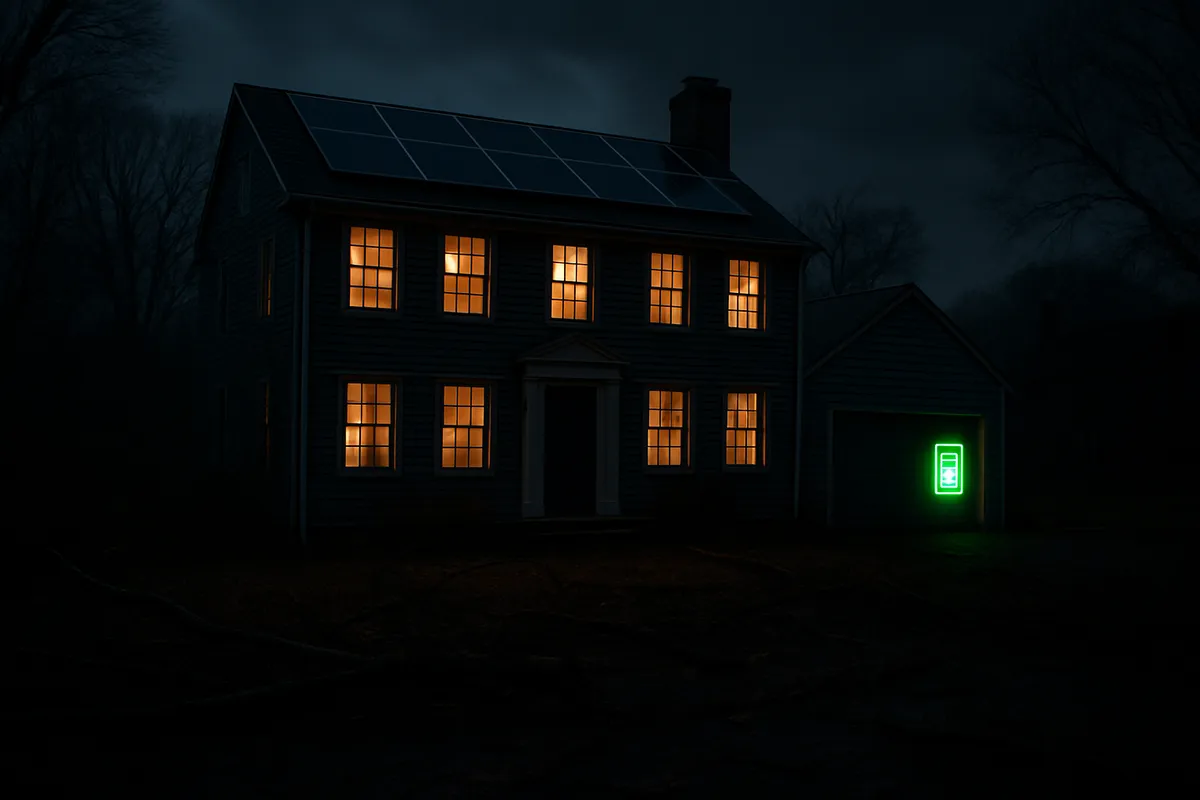 Connecticut home with battery backup keeping lights on during a power outage while neighbors are dark