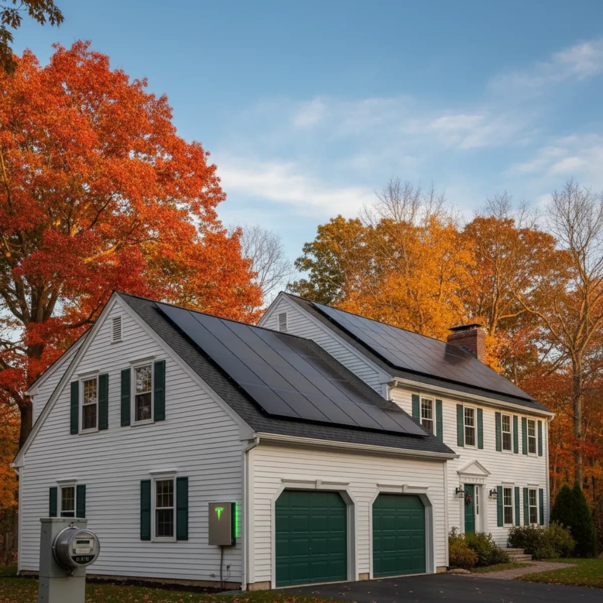 Connecticut home with Tesla Powerwall battery storage system and solar panels, illustrating the ESS program changes effective April 2026