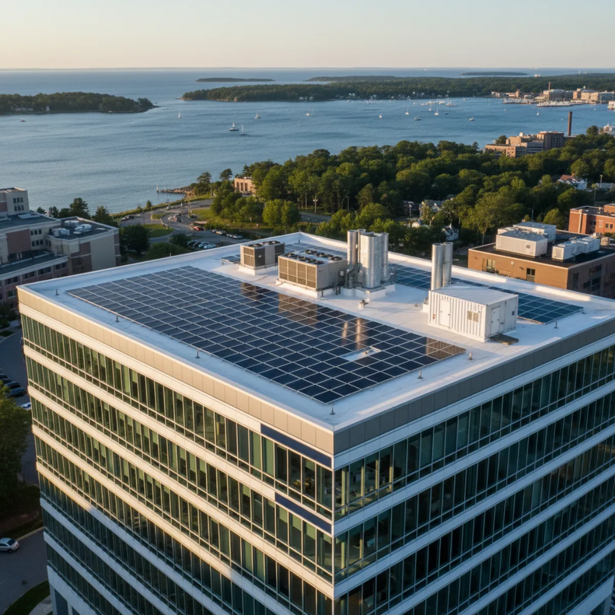 Connecticut biotech lab building in the New Haven Yale bio district with rooftop solar array, battery storage, and emergency generator forming a microgrid.