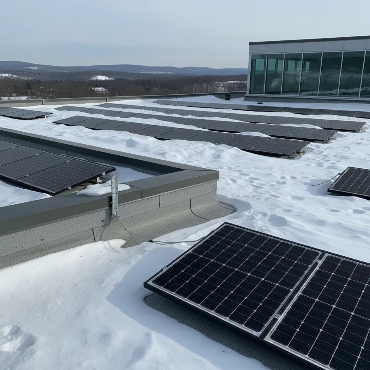 Connecticut commercial flat roof with ballasted solar array under winter snow — structural analysis diagram showing ballast dead load, snow drift, and steel-joist framing