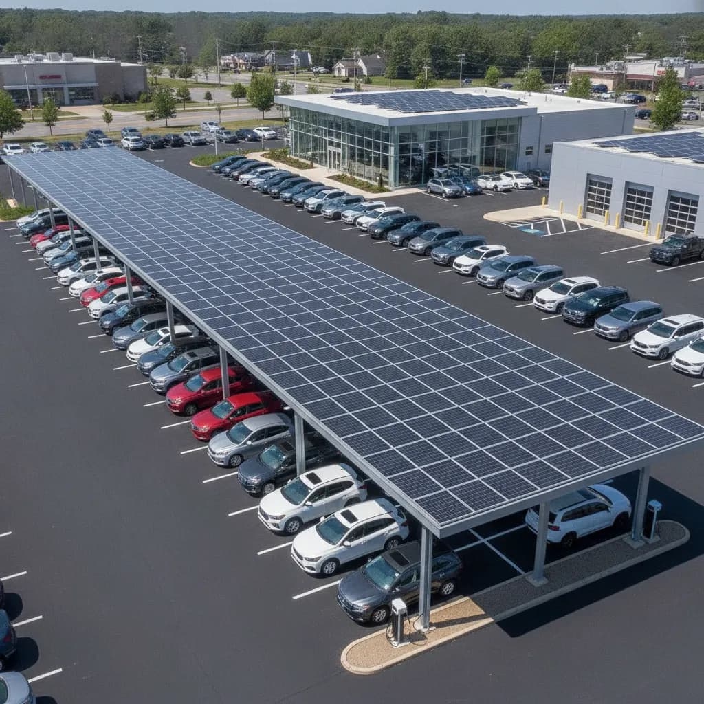 Solar canopy structure covering rows of vehicles on a Connecticut car dealership inventory lot