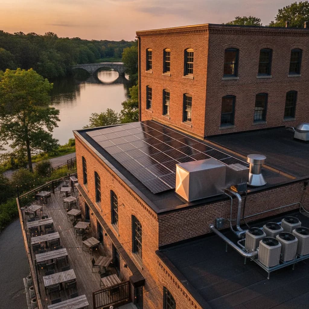 Connecticut restaurant and inn with rooftop solar array beside kitchen exhaust and make-up air equipment
