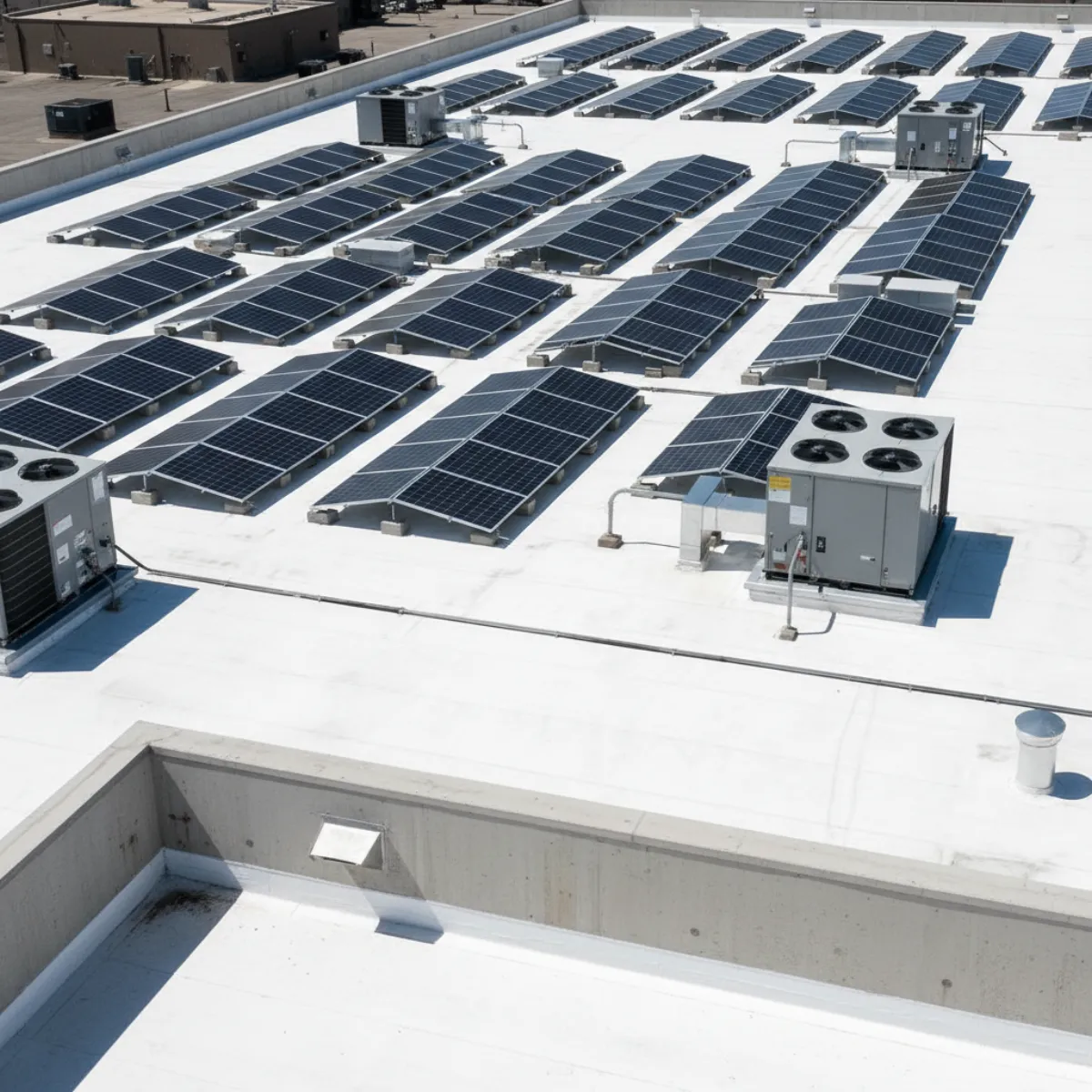 Commercial flat-roof solar array on a white TPO single-ply membrane in Connecticut with ballasted racking, protection mats, and parapet walls