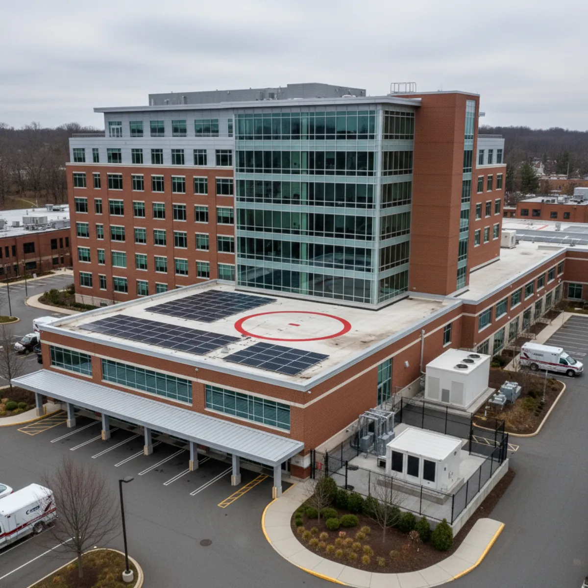 Connecticut community hospital with rooftop solar array adjacent to helipad and HVAC equipment, battery enclosure visible at ground level