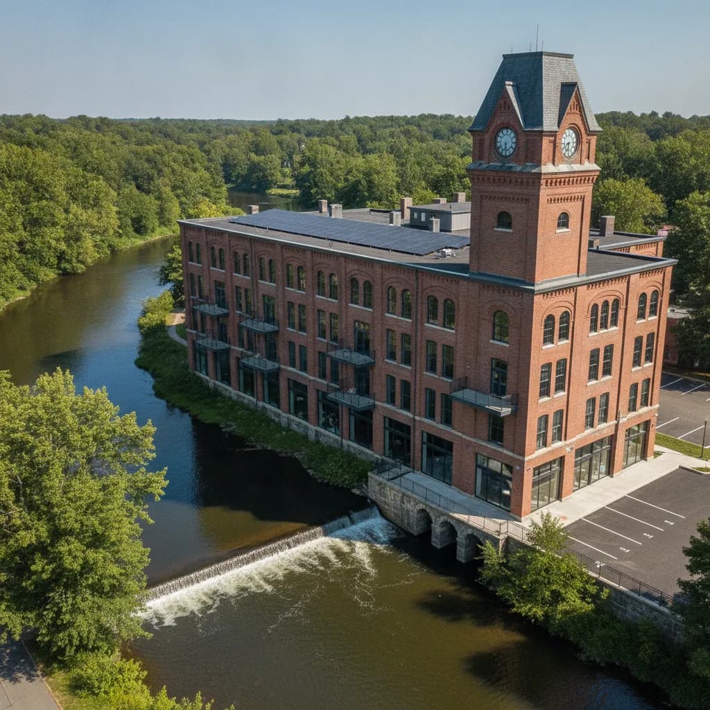 Nineteenth-century Connecticut brick mill converted to mixed use, with a solar array set back on the low-slope rear roof