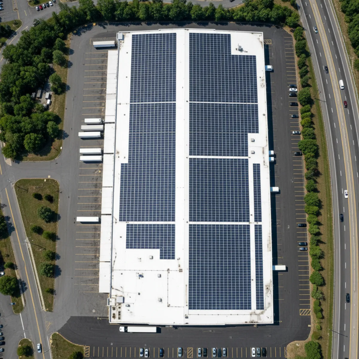 Aerial view of a Connecticut distribution center with rooftop solar along the I-91 logistics corridor near Windsor