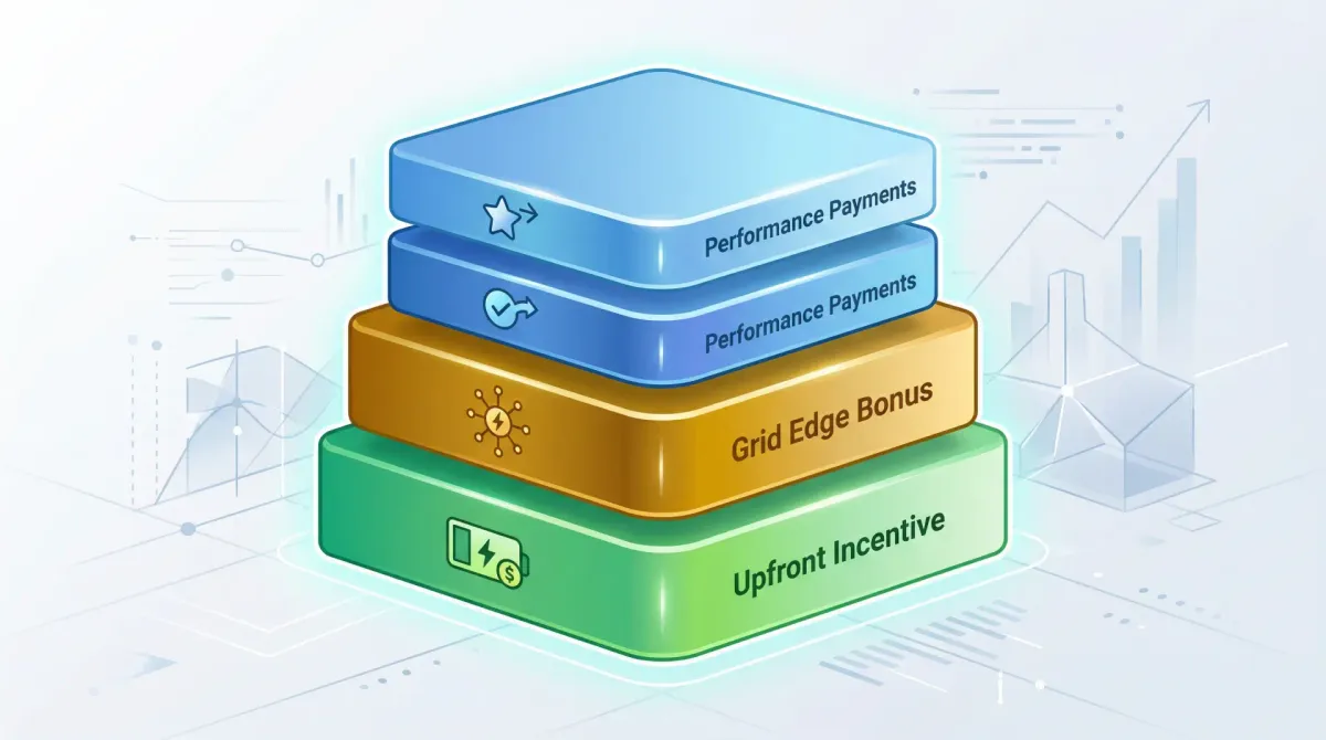 Battery incentive value stack showing the Grid Edge enrollment incentive and 10 years of performance payments