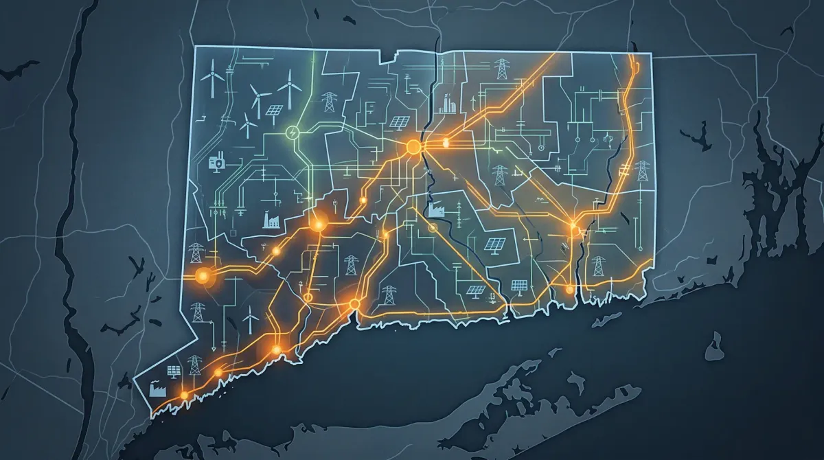 Stylized Connecticut map showing grid edge circuit zones for battery incentives