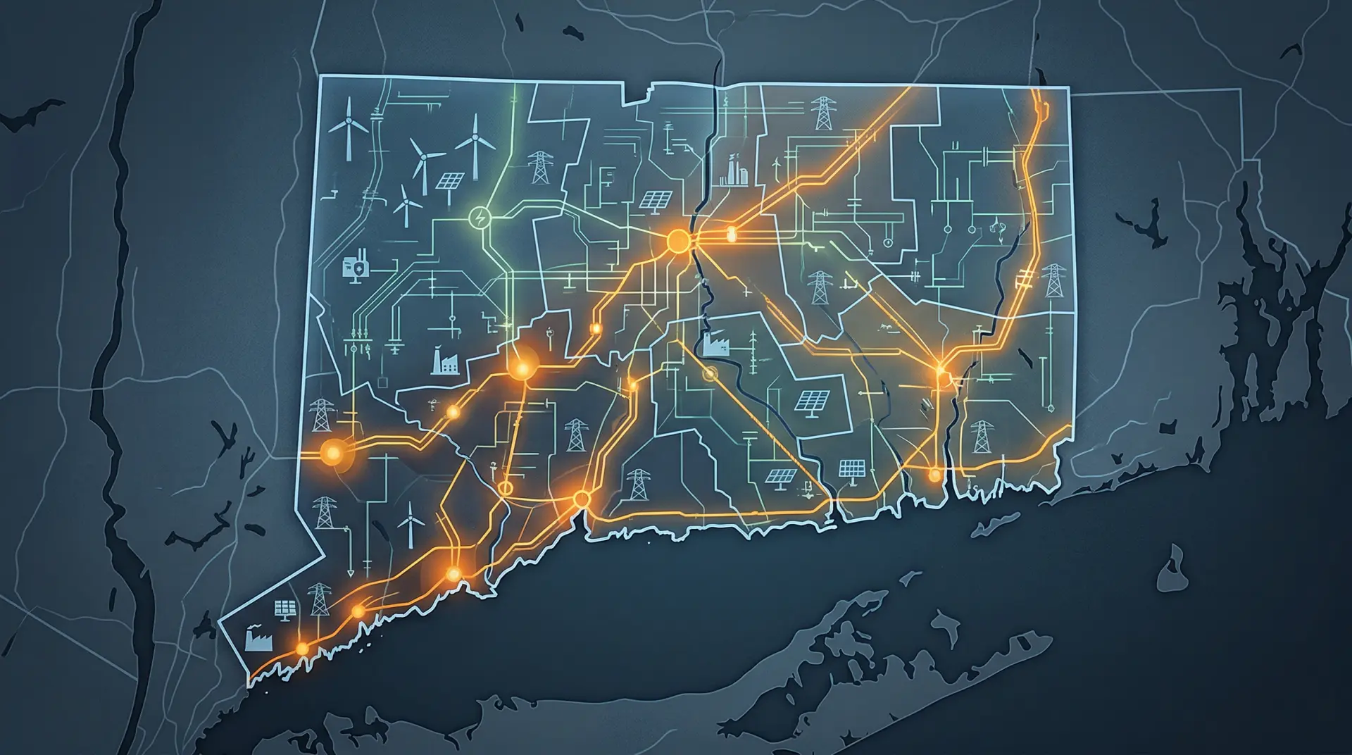 Stylized Connecticut map showing grid edge circuit zones for battery incentives