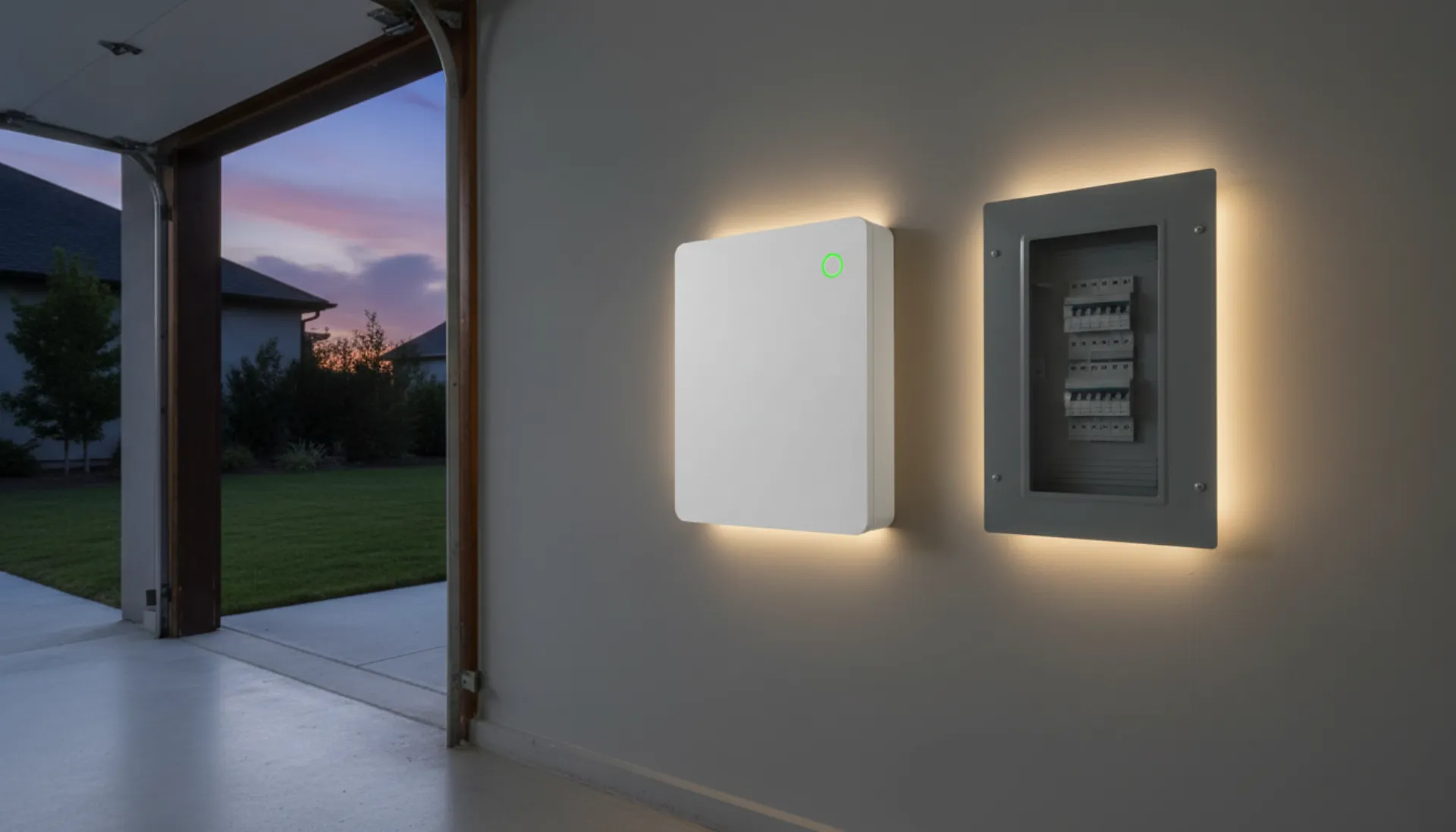 Home battery storage system installed in a modern garage