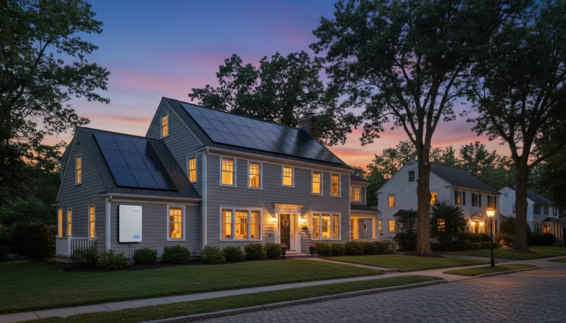 Connecticut home with solar panels and battery storage at dusk