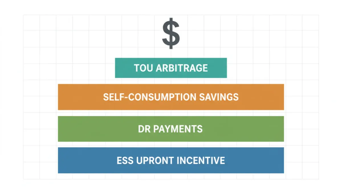 Battery value stack showing ESS incentives, demand response, self-consumption, and TOU arbitrage layers