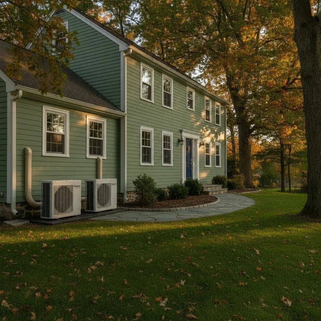 Ductless heat pump outdoor units on a ground pad beside a Connecticut colonial home