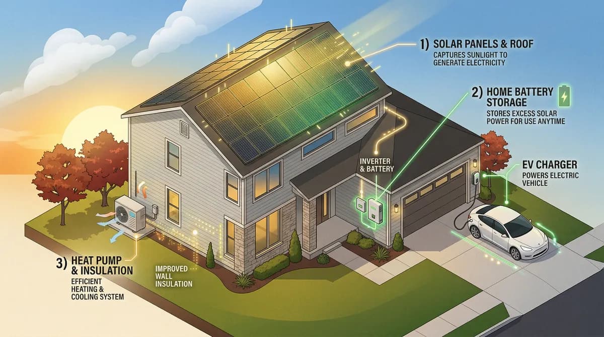 Modern home with solar panels, heat pump, and EV charger — complete electrification
