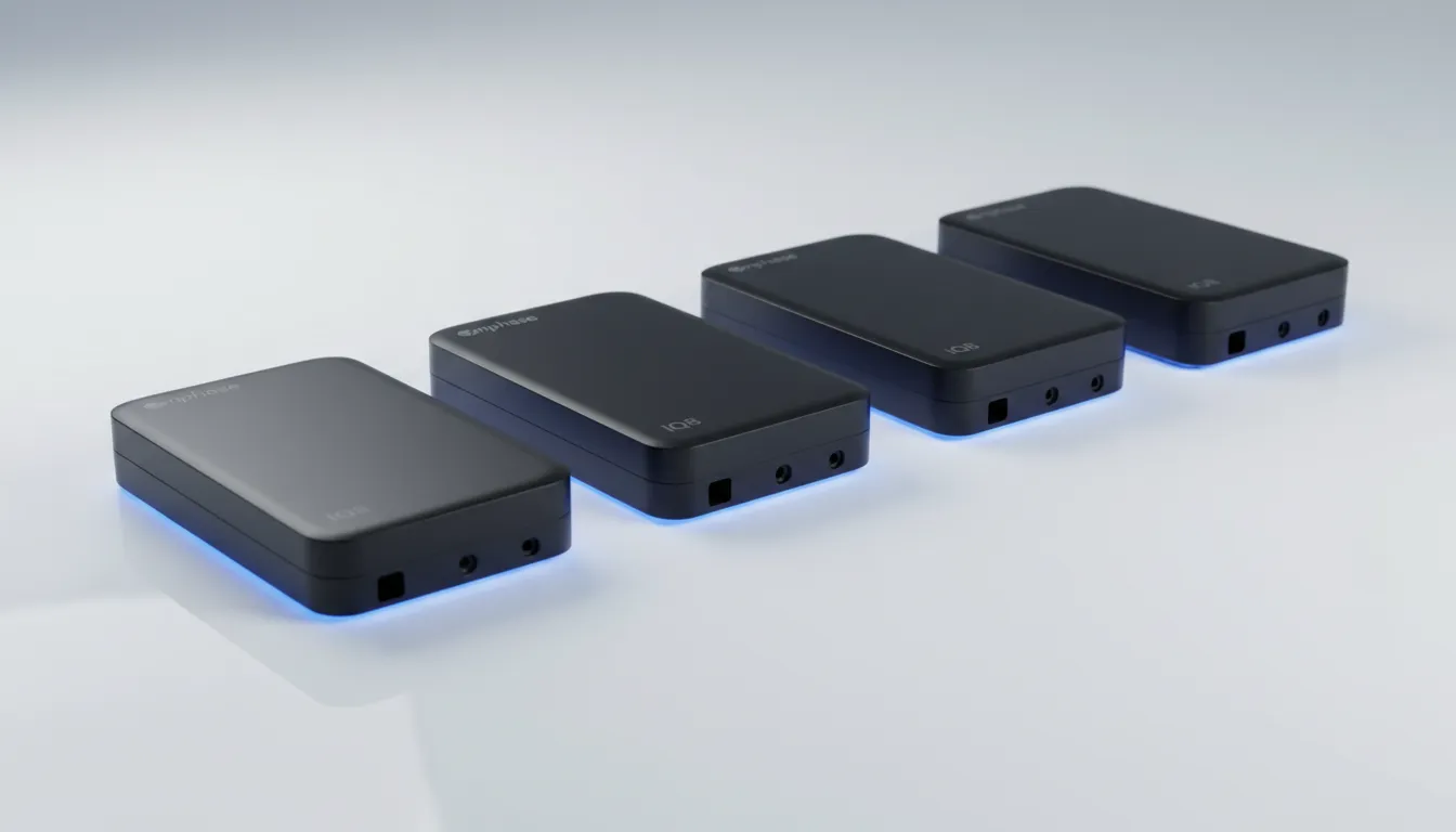 Enphase IQ8 microinverter lineup showing HC, M, A, and Plus variants arranged on a technical surface