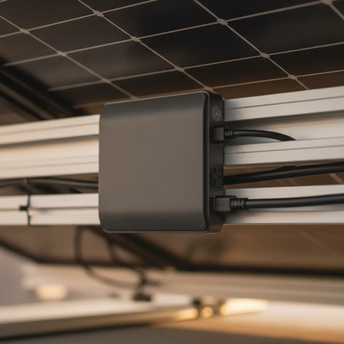Enphase IQ9N gallium nitride residential microinverter shown on a technical surface with its integrated MC4 connectors