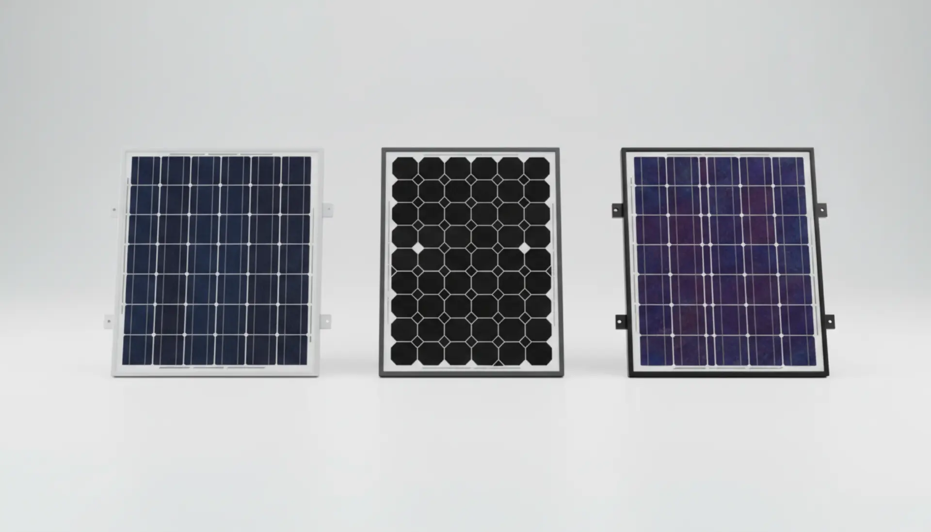 Three different solar panels displayed side by side for comparison