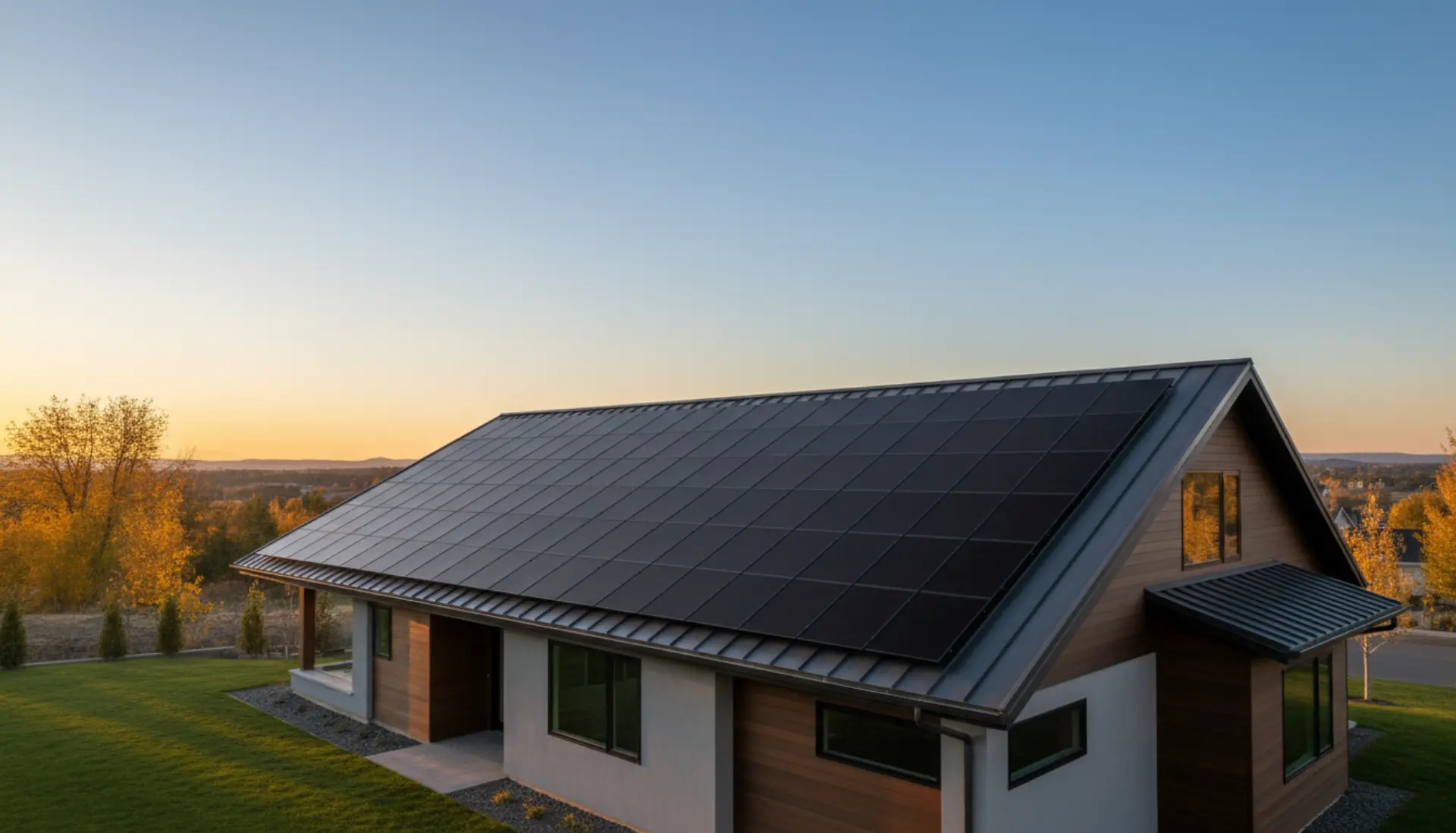 Modern residential rooftop installation with sleek all-black solar panels in golden hour lighting
