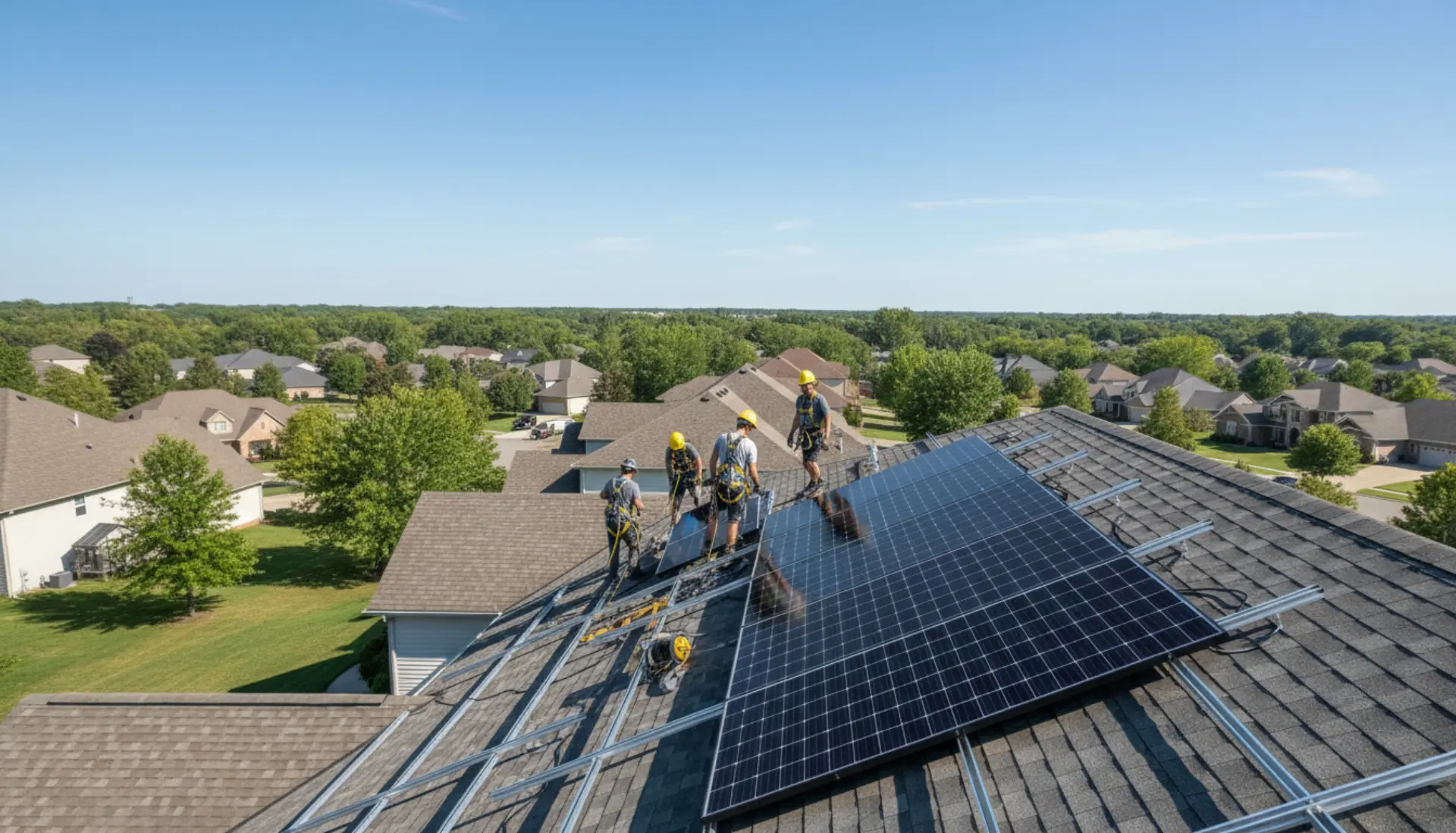 Solar installation crew on a residential rooftop installing all-black solar panels