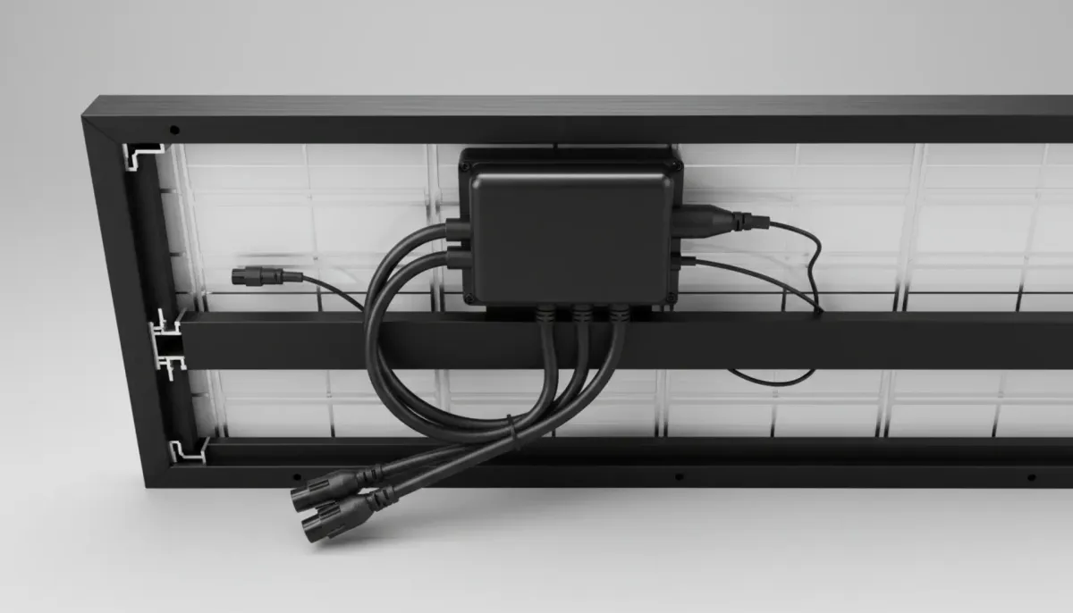 Close-up of a modern solar panel showing junction box and MC4 connectors