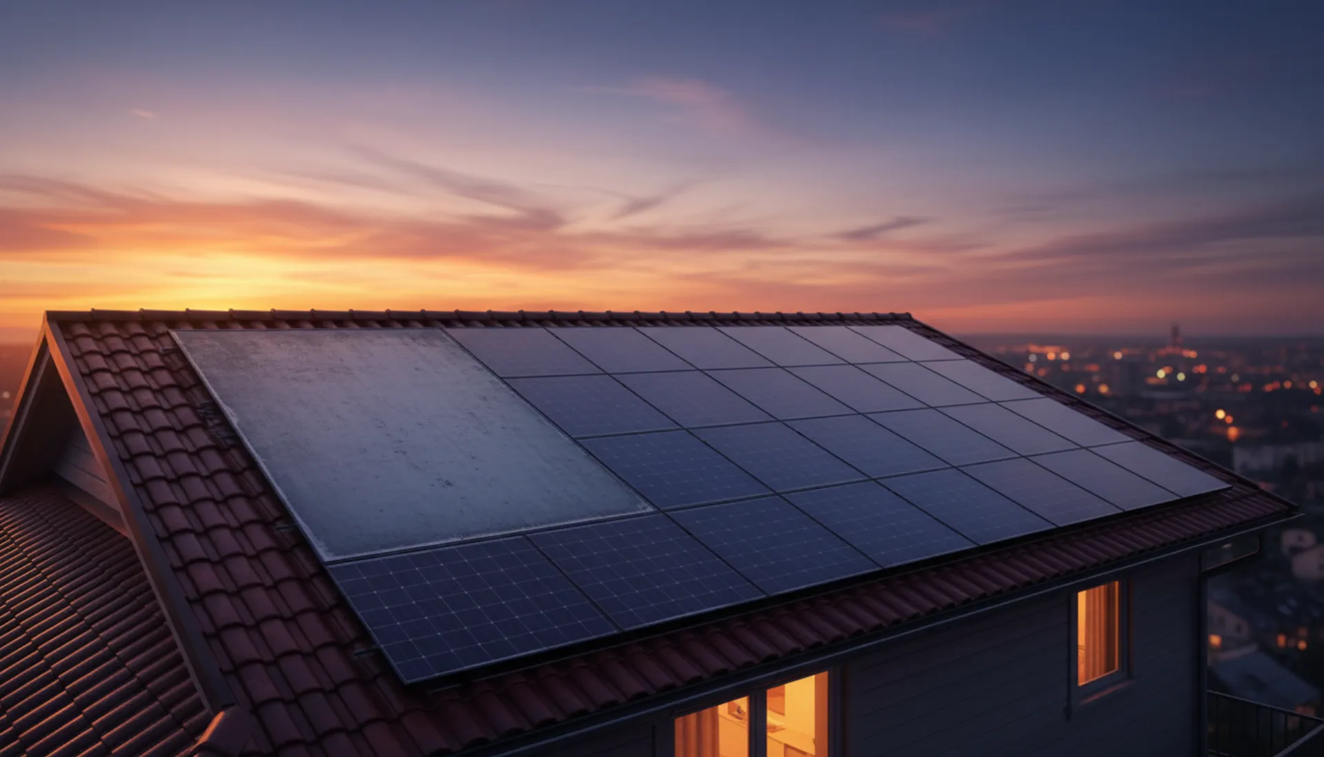 Residential rooftop with solar panels at sunset representing the transition from Panasonic to current alternatives