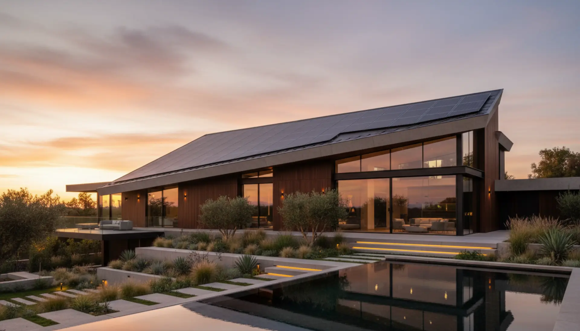 Premium modern home with solar panel installation representing the REC Alpha Pure-RX 460W premium tier