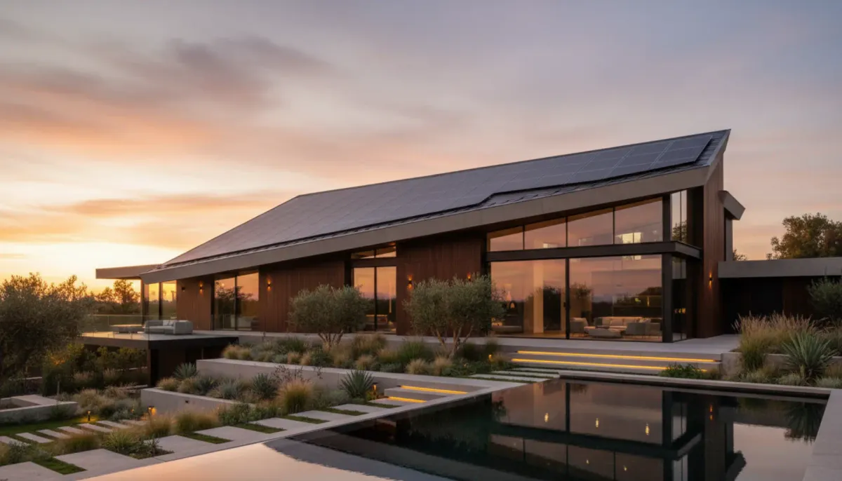 Premium modern home with solar panel installation representing the REC Alpha Pure-RX 460W premium tier