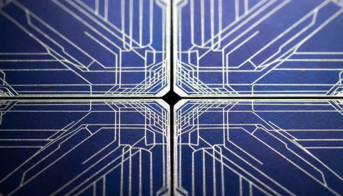 Close-up of HJT heterojunction solar cell with split-cell design pattern showing fine metallic grid lines