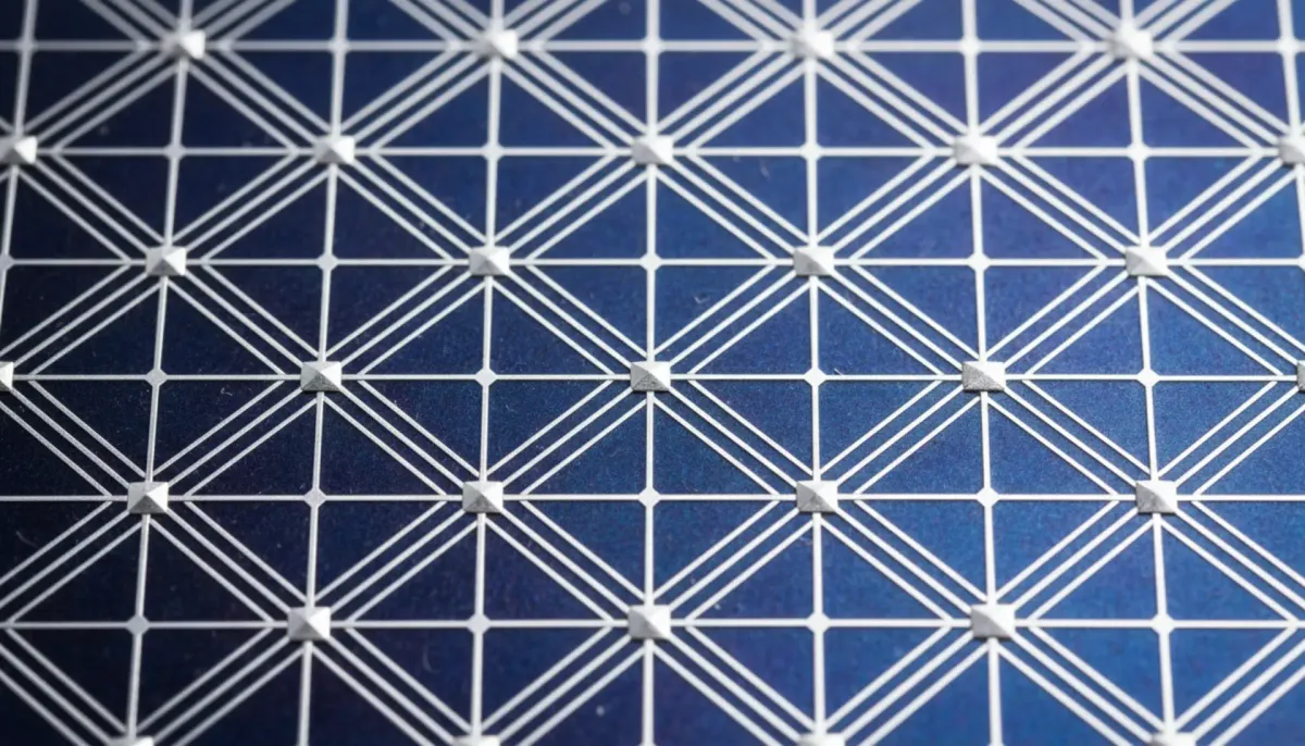 Macro close-up of heterojunction HJT solar cell showing iridescent silicon wafer and fine grid lines