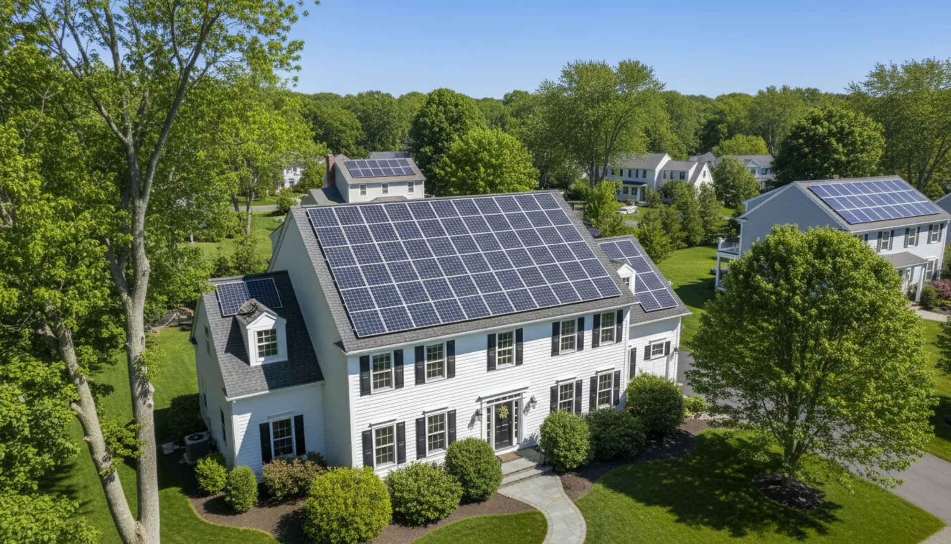 Aerial view of completed residential solar installation with all-black panels on a Cape Cod style home