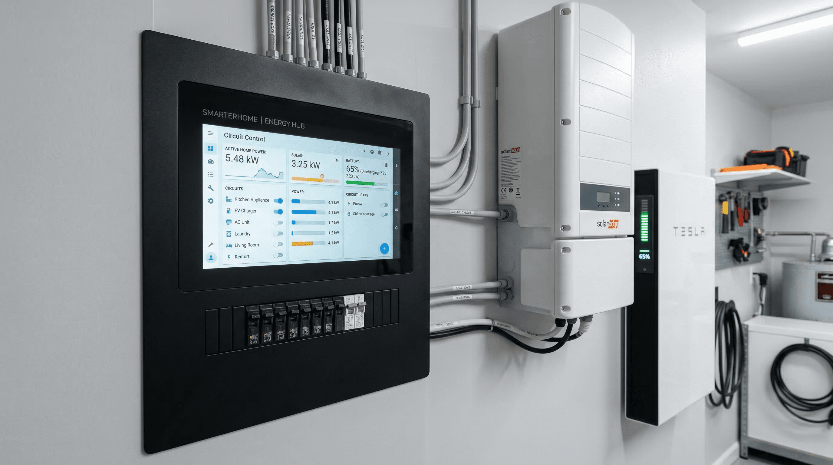 Smart electrical panel with digital display showing circuit-level energy monitoring in a modern utility room