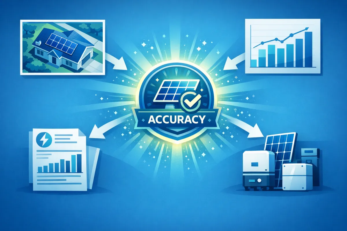 Multiple data sources feed into a solar estimate: satellite roof imagery, utility bills, rate charts, and equipment specs converge to determine estimate accuracy