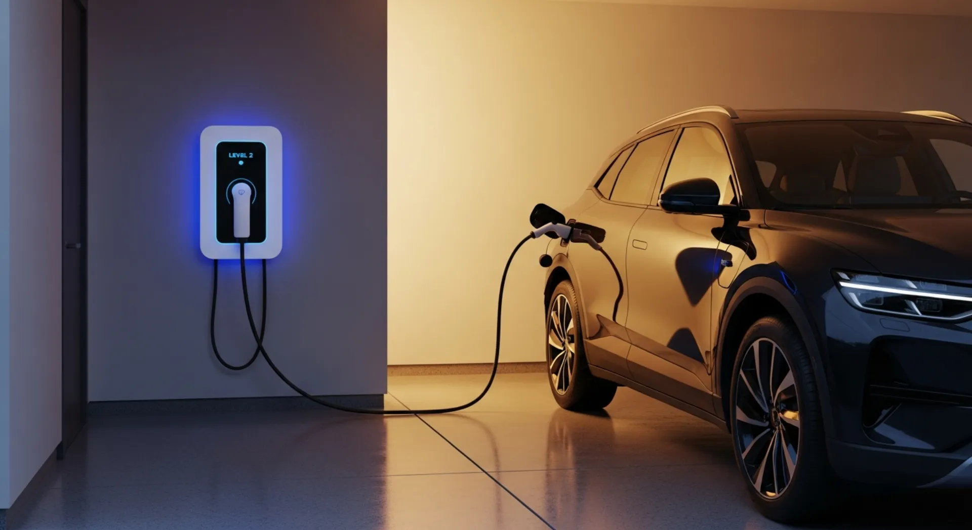 Level 2 EV charger installed in a modern home garage