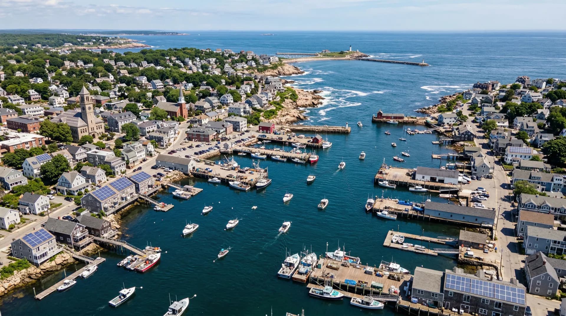 Aerial view of Gloucester Massachusetts with solar panels on residential rooftops