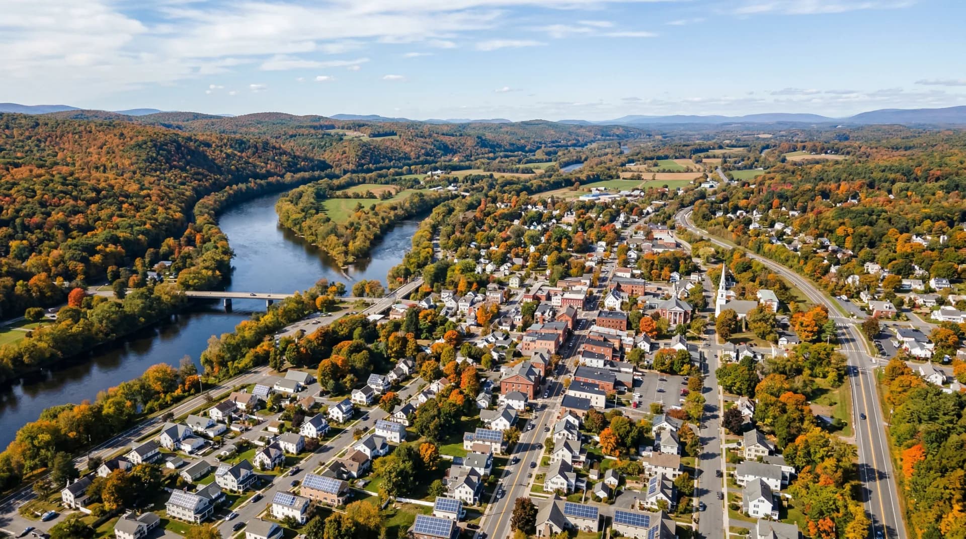 Aerial view of Greenfield Massachusetts with solar panels on residential rooftops