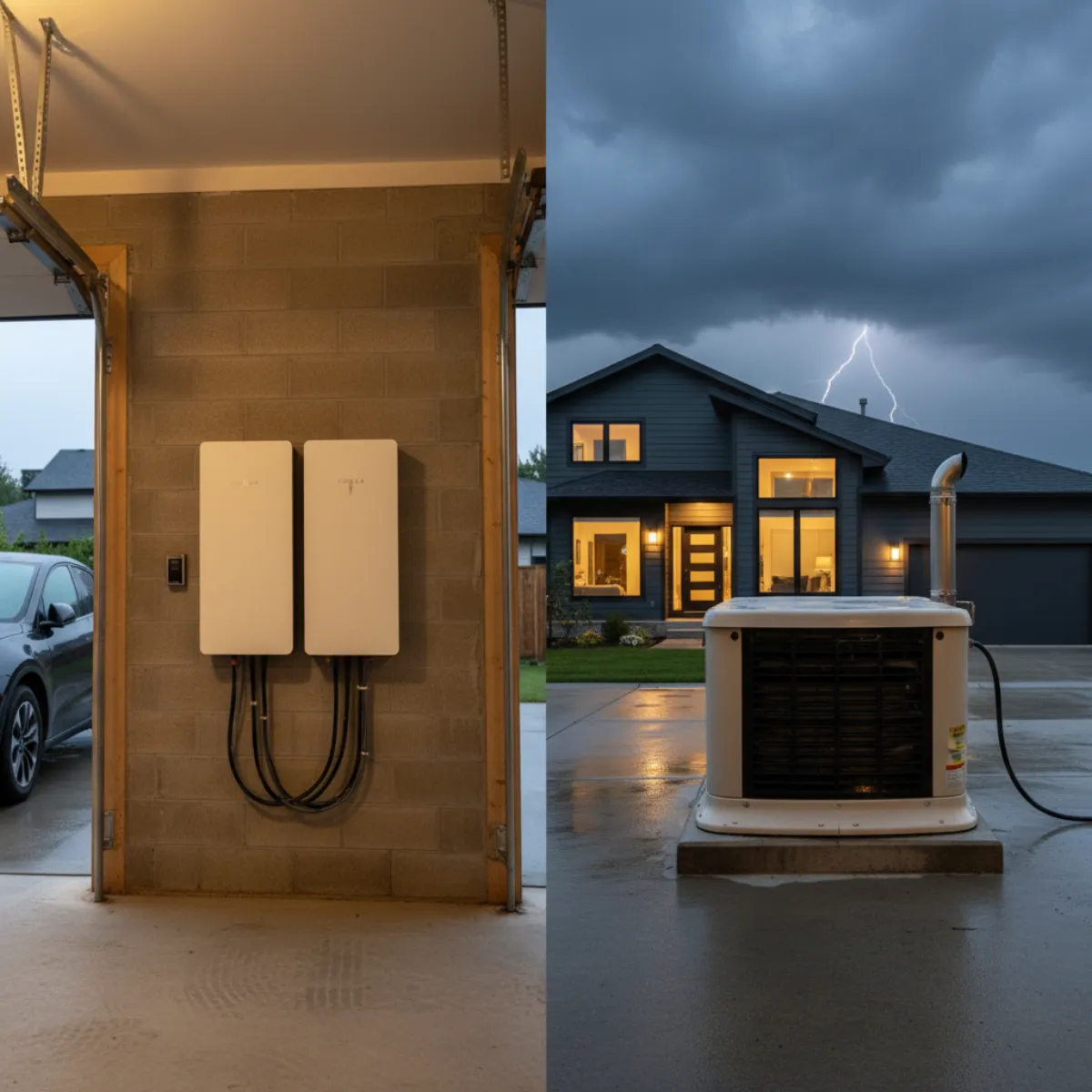 Modern home battery system and standby generator side by side outside a residential home