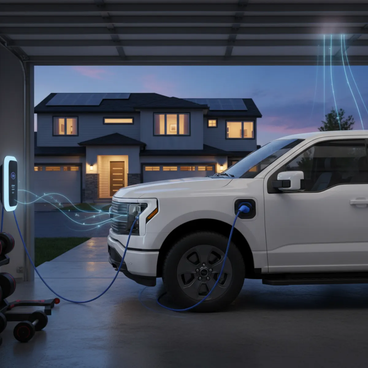 Electric vehicle connected to home via bidirectional charger with solar panels on roof