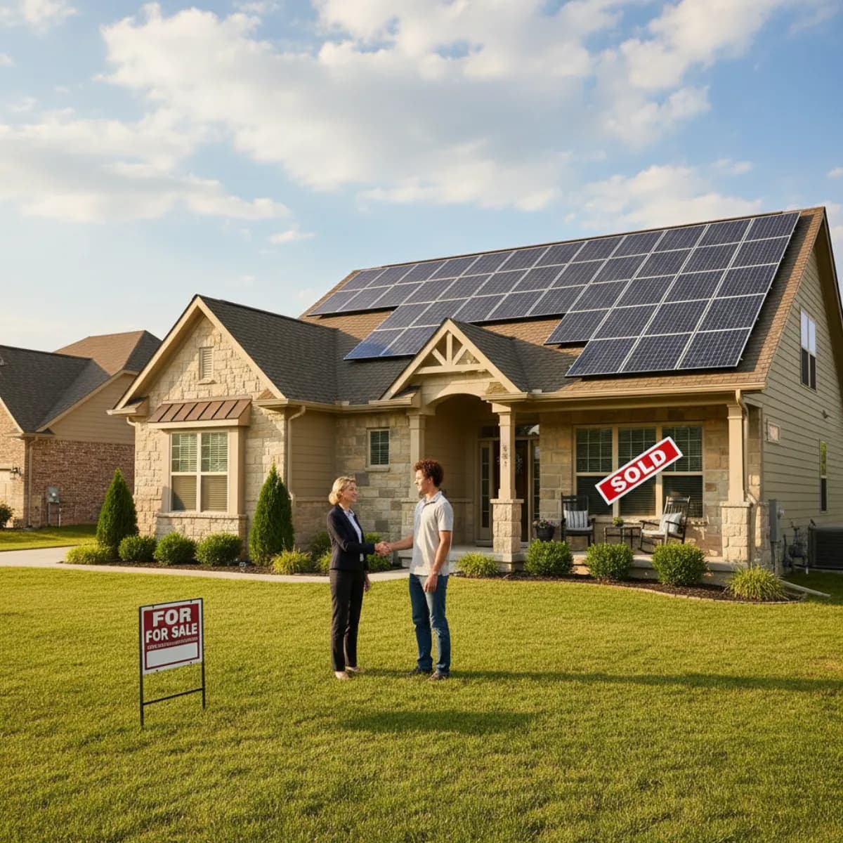 Family viewing a home with rooftop solar panels during a home inspection