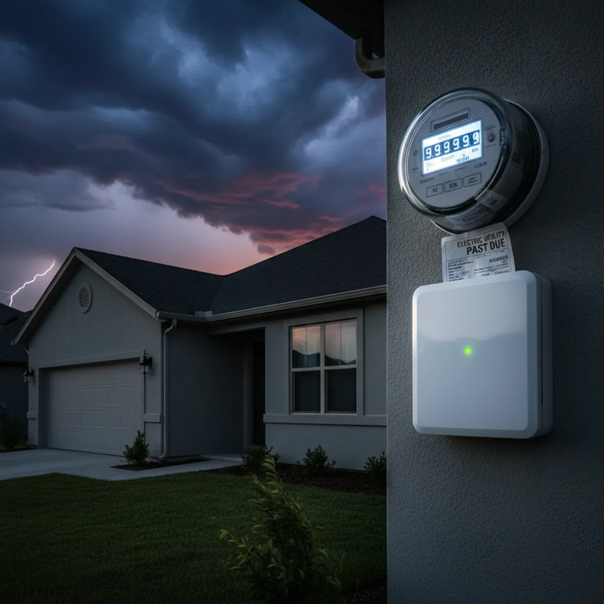 Electric utility meter with rising rate graph and home battery system in background